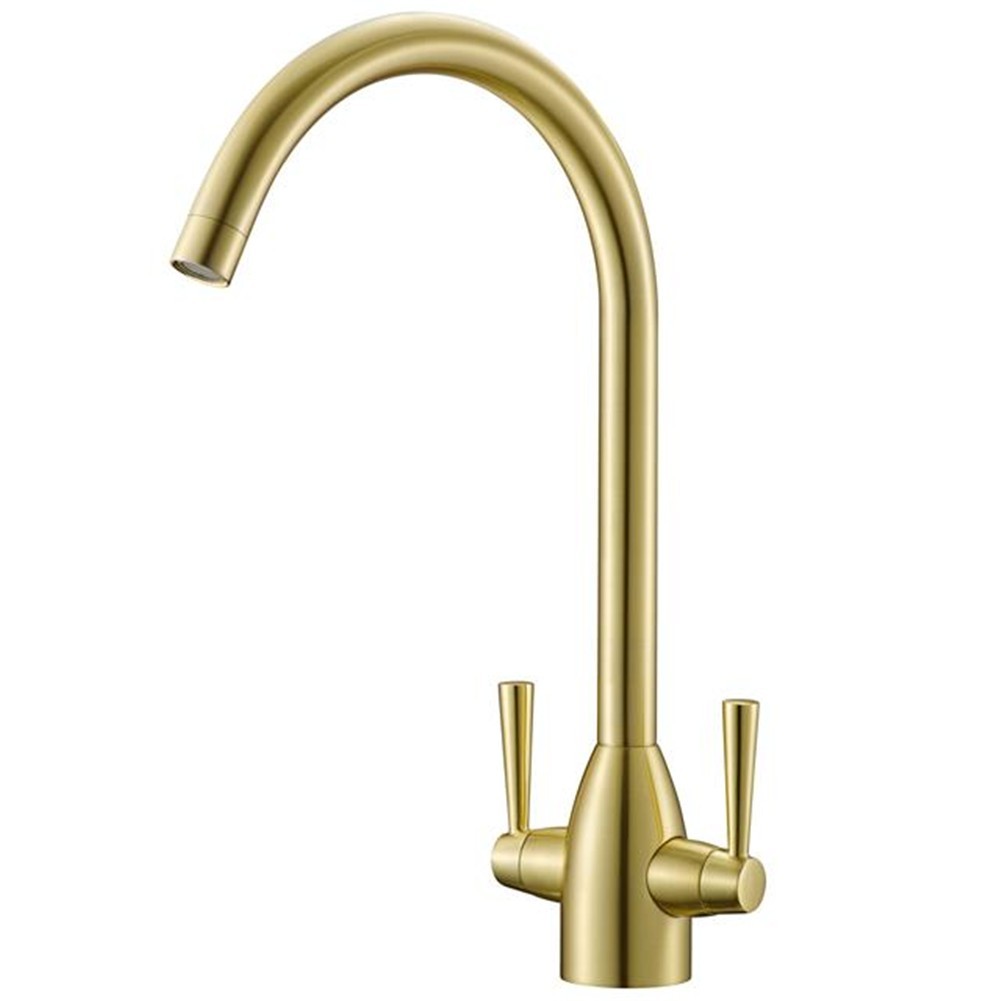 Liquida W05BG Brushed Gold Swan Neck Monobloc Twin Lever Kitchen Tap