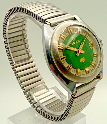 Vintage 1970s Omax 5 Swiss Green Dial UFO Watch Handaufzug FHF 96-4