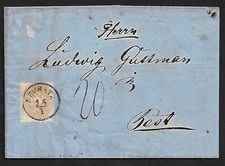 AUSTRIA NEUSATZ TO HUNGARY EMBOSSED COAT OF ARMS STAMP ON FOLDED COVER 1863