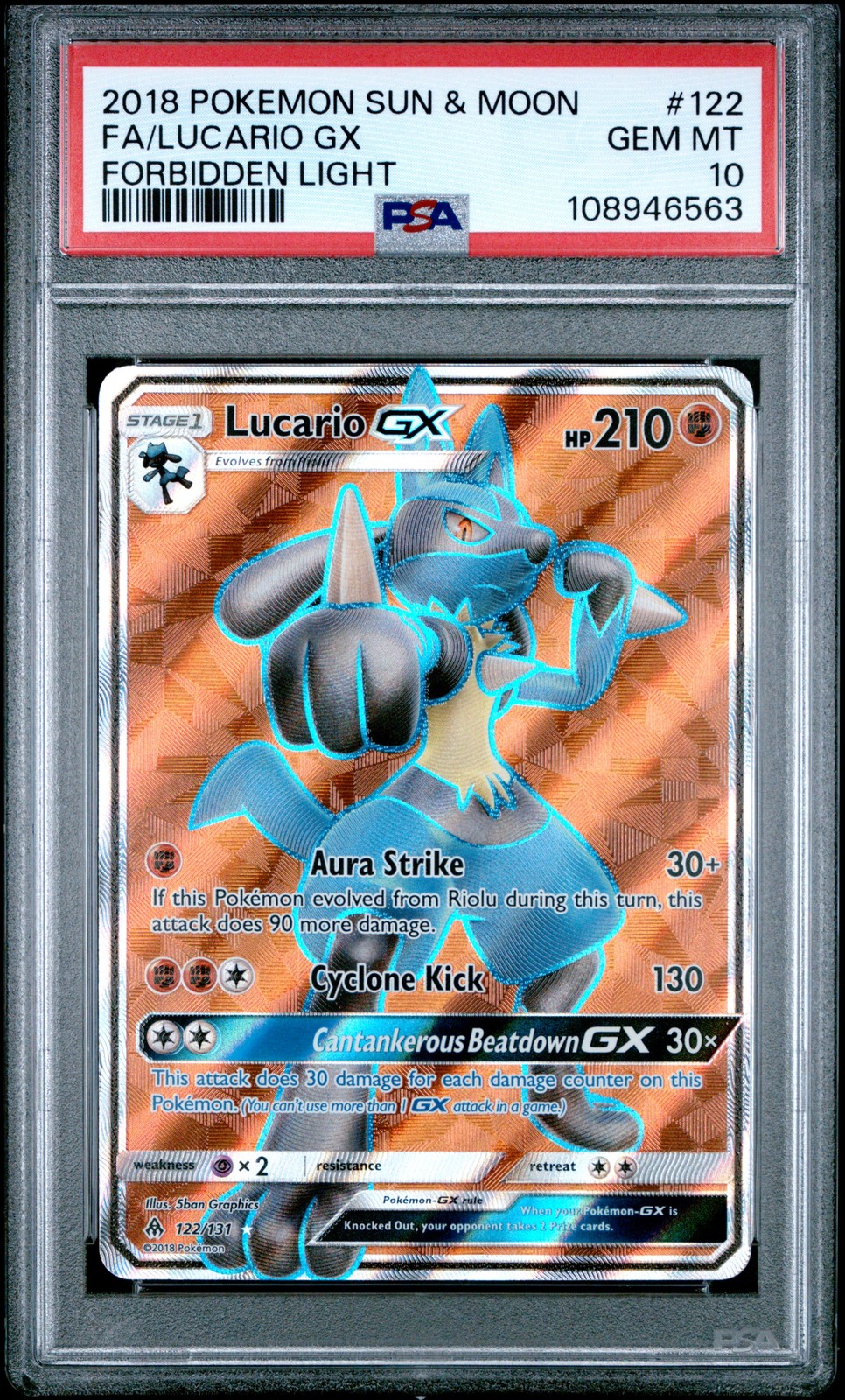 2018 POKEMON SUN & MOON FORBIDDEN LIGHT #122 FULL ART/LUCARIO GX PSA 10