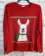 Port & Company Red Cotton Long Sleeve Llama Christmas T-Shirt Women's Size M.