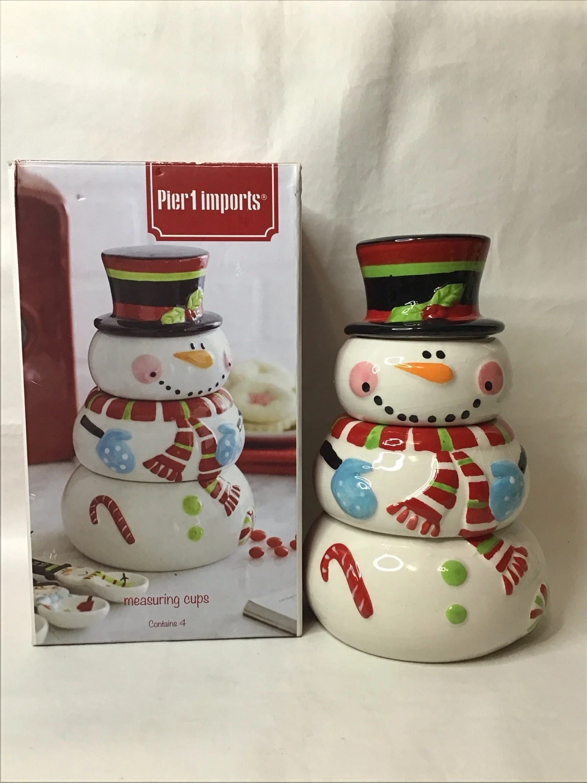 Pier 1 Imports Ceramic Snowman Stacking Measuring Cups