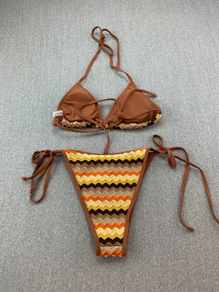 Шеврон крючком струнных инструментов бикини купальник женщин размер S коричневый оранжевый богемный хиппи - Изображение 2 из 4