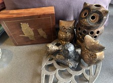 Vintage Lot Of MCM owl Decor Ceramic Soapstone Brass Owls
