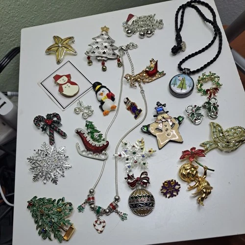 Costume Jewelry Christmas Brooches Necklaces and Earrings Lot Vintage To Modern