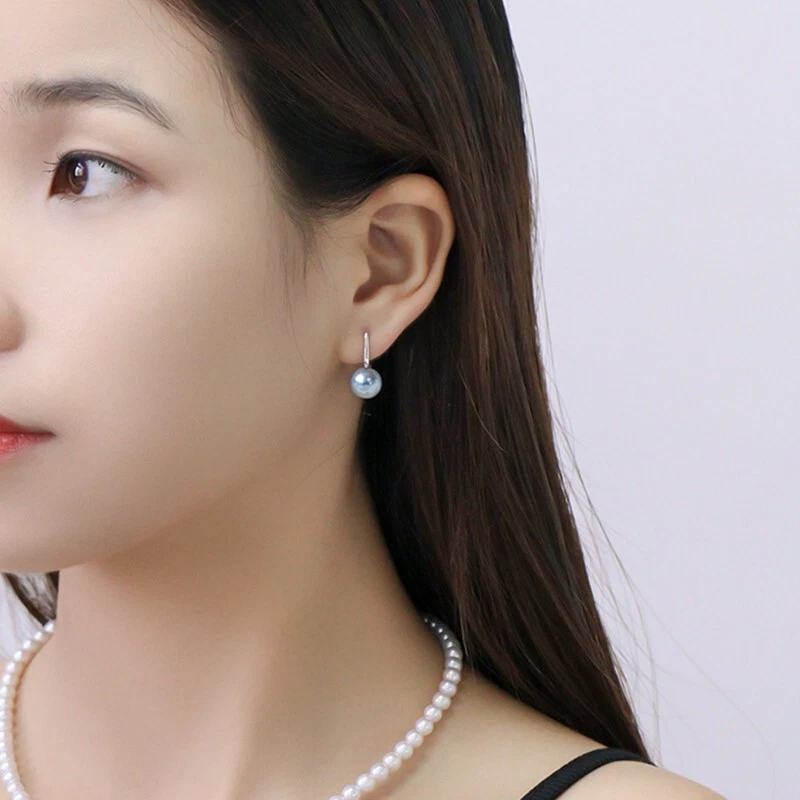 Pendientes de perlas japonesas Akoya Madama de oro de 18 quilates de 10 mm, perlas azules de plata natural Foto 4 de 4