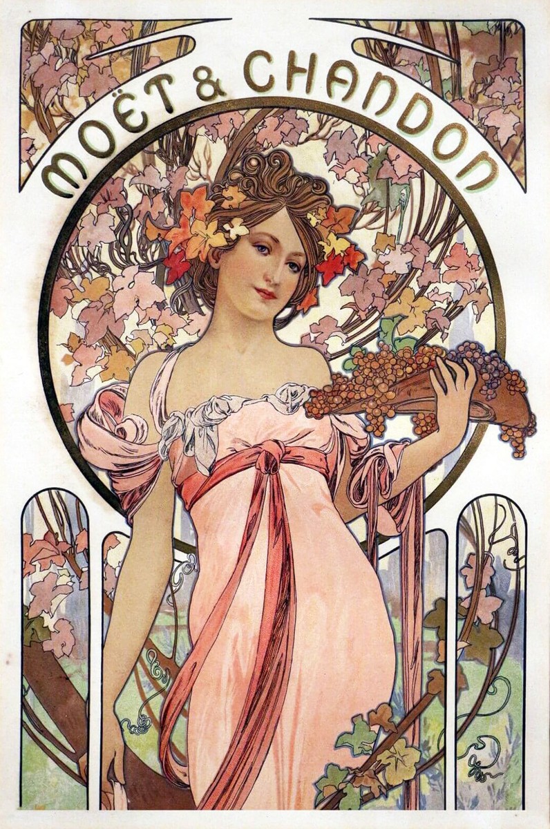 Moët & Chandon アールヌーボー版画 Moet And Chandon Champagne Ad Lady Fruit Flowe by Alphonse Mucha
