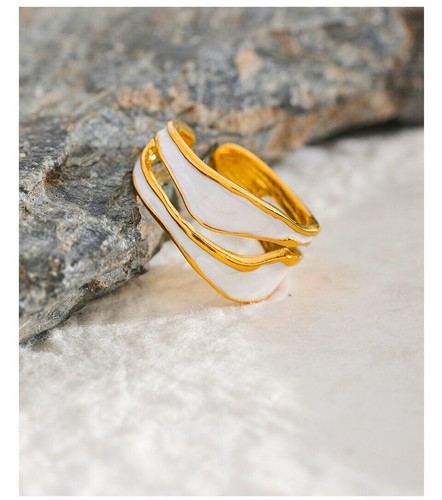 18k Yellow Gold Plated Jewelry Solid Ring Enamel Adjustable Antique White\Black - Picture 5 of 13