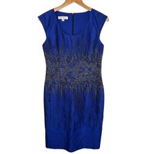 Kay Unger Royal Blue Silk Midi Dress Embellished Waist Boardroom Office Wedding
