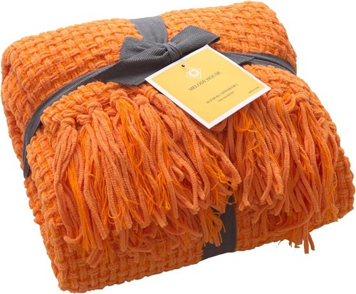 Orange Throw Blanket, Woven Plaid Pattern with Tassels 50x60 Bed Throws - Picture 4 of 7