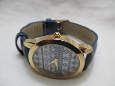 Wristwatch Round Geometric Boho Theme Face Blue Buckle Band Gold Tone