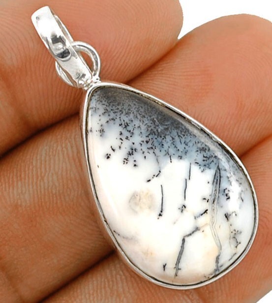 Natural Winter Dendrite Opal 925 Solid Genuine Sterling Silver Pendant,