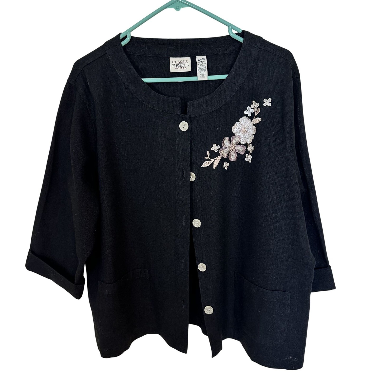 Black Linen Embroidered Button Front Cardigan 3/4 Sleeve Plus 18W Womens Jacket
