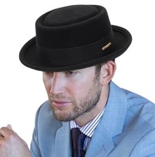 Classic 1920s Pure-Wool Roll-Brim Pork- Pie Fedora-Hat Men Women - Medium Black