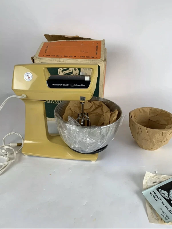 vintage Hamilton Beach food mixer in yellow from the 1960s