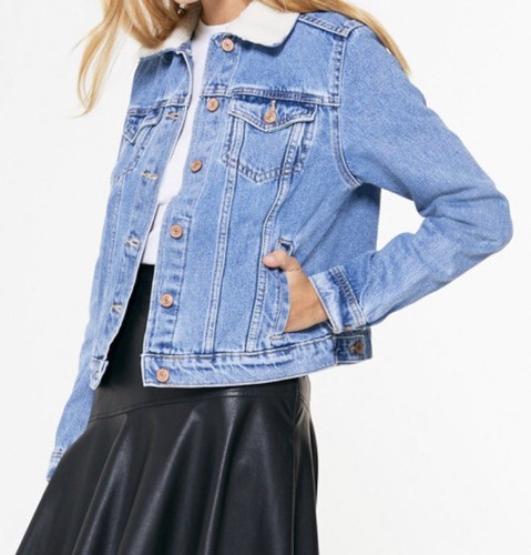 New Look Blue Teddy Lined Collar Denim Jacket UK 14 Casual Summer Festival
