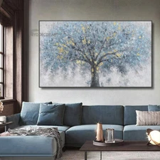 Hand Painted Blue Gold Tree of Life Artwork Canvas Wall Art Oil Painting art