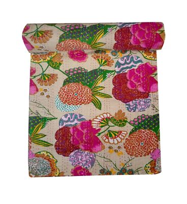 Vintage Floral Kantha Quilt Blanket Indian Bedspread Coverlet Throw Art