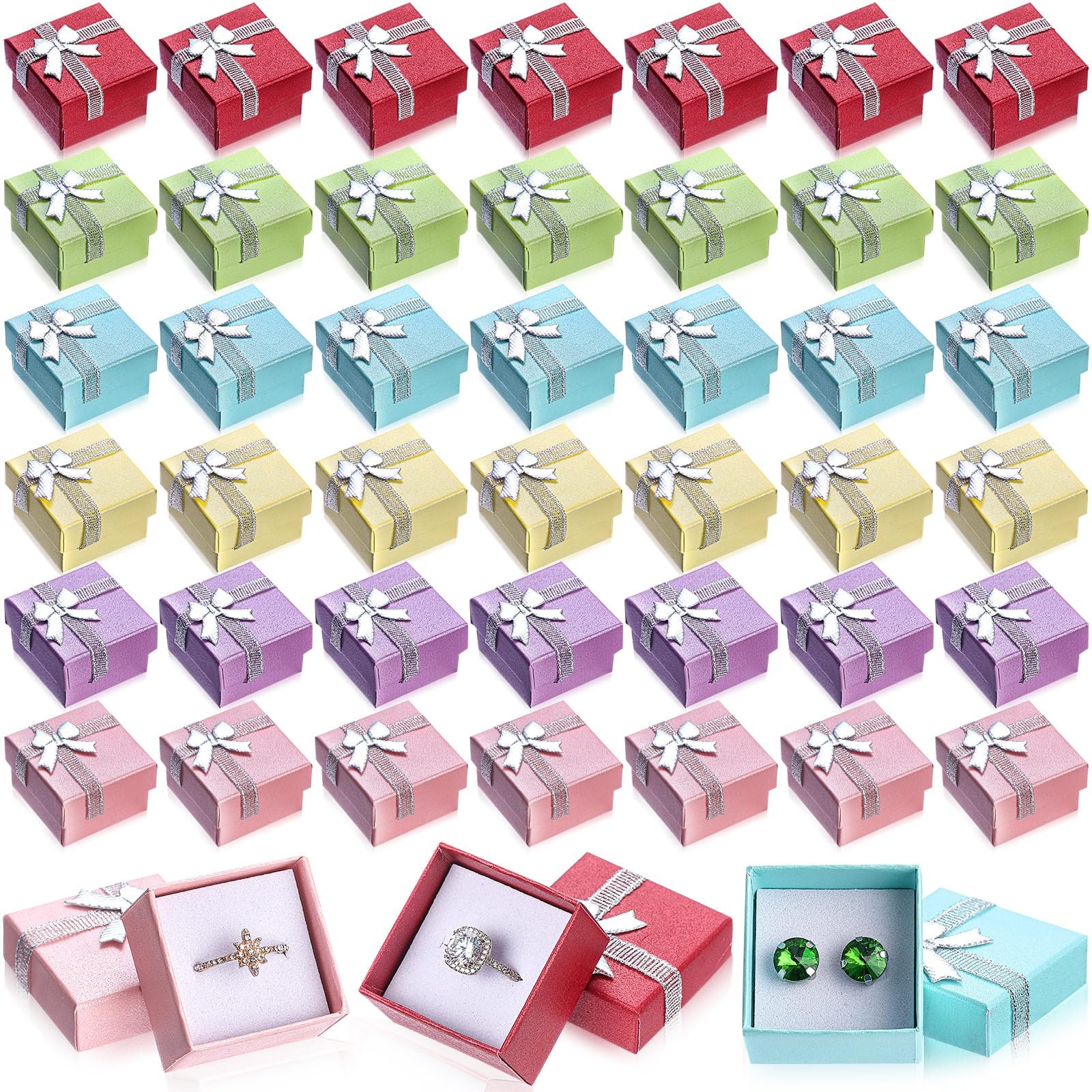 72 Pcs Ring Boxes Bulk Cardboard Jewelry Gift Box with Ribbon Bow 1.6 x1.6 x1.1"
