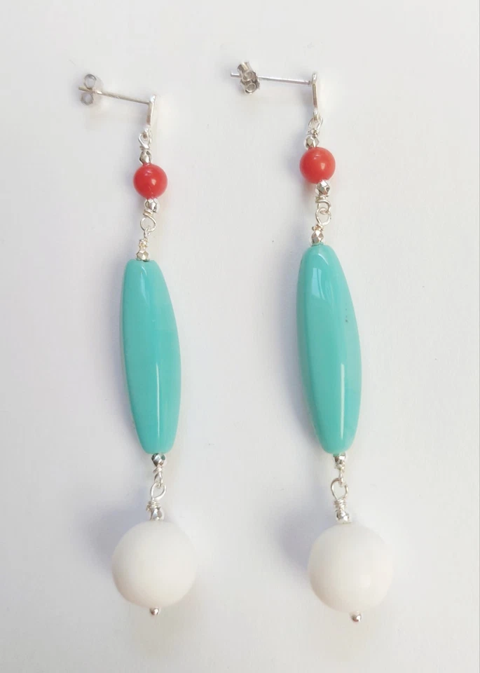 Orecchini pendenti in argento 925 con corallo bambu, pasta di turchese ematite - Immagine 4 di 4