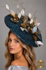 Ascot Royal Fascinator KY Derby Gold Silver Blue w/ Leaves, Headband