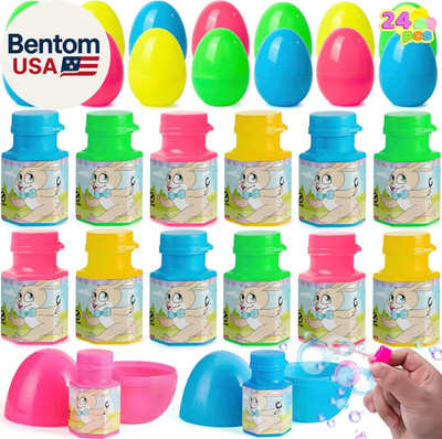 24 Pcs Prefilled Easter Eggs Bubble Wands for Kids Party Favors, Basket Stuffers