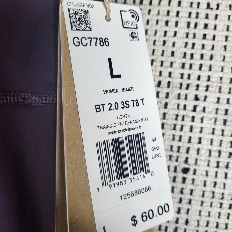 Medias Adidas para mujer grandes púrpura tiro alto 7/8 entrenamiento BT 2.0 3S 78T yoga gimnasio Foto 2 de 4