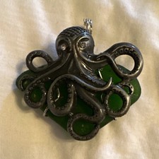 Handmade Octopus Charm Pendant, Green Sea Glass Freeform Wire Wrapped, Silver