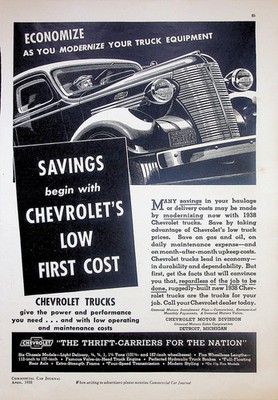 1938 Chevrolet Trucks Savings Low First Cost Commercial Car Magazine Print Ad