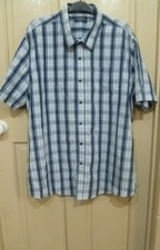 BHS ATLANTIC BAY NAVY BLUE CHECK POLYESTER SHORT SLEEVED SHIRT XXL CHEST 52" VGC