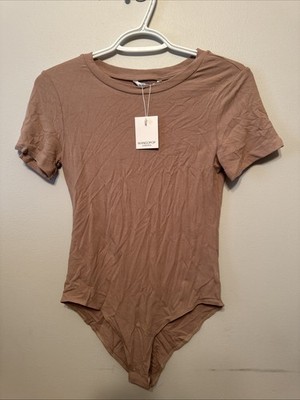 Mango Pop Women's Tan/Taupe Body Suit Size Medium Short Sleeve New With Tags
