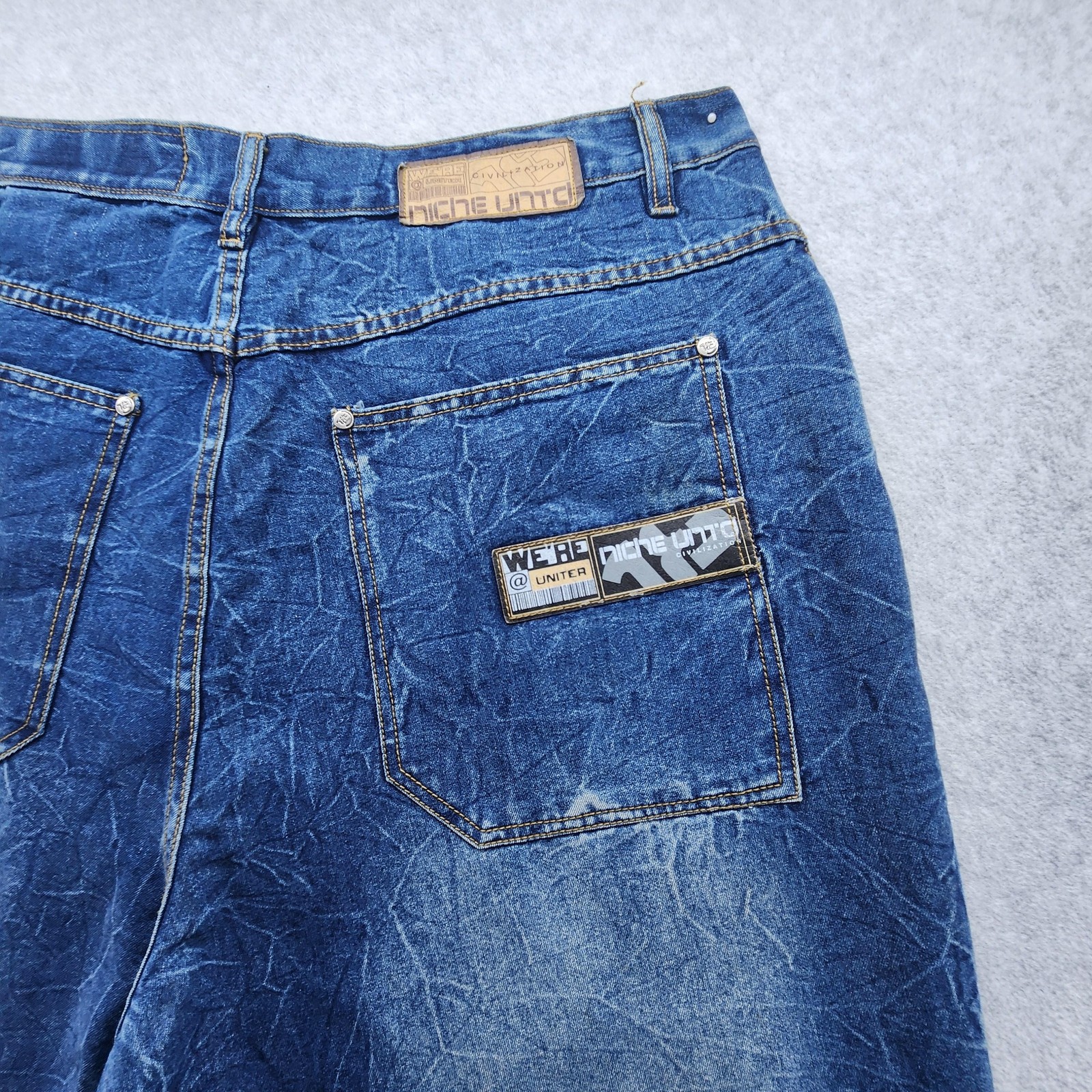 Niche United Jeans Mens 40 Distressed Denim Workwear Patch Straight Leg Pants