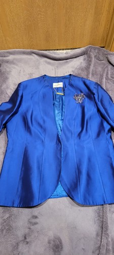 Lily & Taylor Silk Wool Blazer Womens L Blue Open Front Formal Jacket Vintage