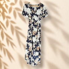 TuaTua Dress Women M Medium Blue Floral Maxi Long V-Neck Short Sleeve Casual