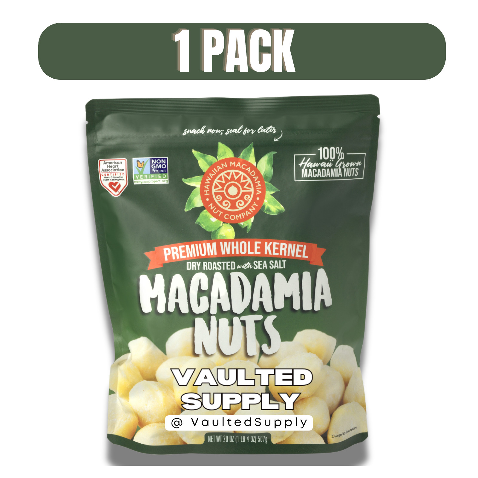 Hawaiian Whole Kernel Macadamia Nuts 20 oz Dry Roasted w/ Se