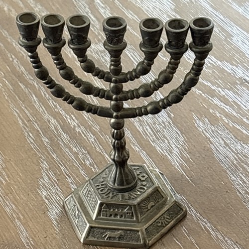 VTG Small Brass Plated 7 Branch Menorah 5”x4” Holy Land 12 Tribes Read - Picture 5 of 12