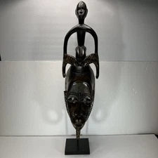 Ivory Coast Guro Mask Hand Carved Baobab Wood 21” Tall 23.5” On Included Stand