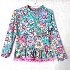 BEACH LINGO Mod Blossom Floral Pom Pom Peplum LS Rashguard Swimsuit Girls 6 7