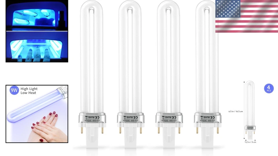 Paquete de 4 bombillas para secador de uñas energéticamente eficientes 9W 365nm luz UV para curado de esmalte en gel Foto 2 de 4