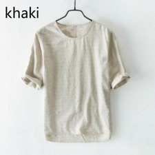Men Striped T-shirt Linen Cotton Top Tee Shirt Short Sleeve Casual Summer