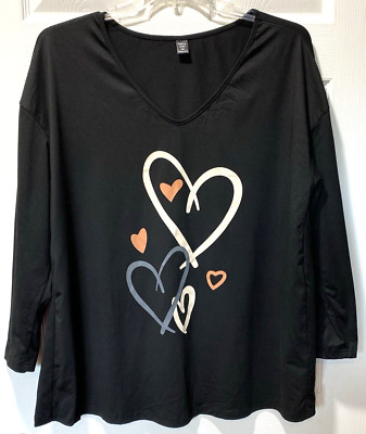 Shein Pullover Tee Top Black w/Hearts 3/4 Sleeve Stretch Poly Nice Size 1XL NEW