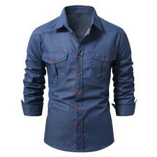 Men's Denim Shirt Long Sleeve Button Down Shirt Jean Shirt with Chest Pockets
