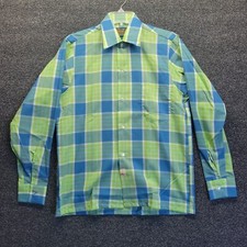Vtg Sears Perma-Prest Button Down Longsleeve Green Blue Plaid Sz Small 14-14.5