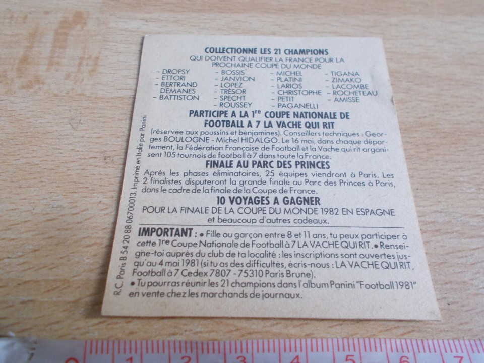 Autocollant Panini Vache Qui Rit Football 1981 - Jean Tigana, Olympique Lyon