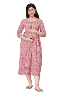 Maternity Feeding Dress For Women With Zipper Kurti Style Cotton Gown (B Pink)