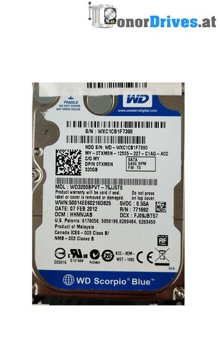 Western Digital WD3200BPVT-75JJ5T0 - 320 GB - SATA - 2060-771820-000 Rev. A*