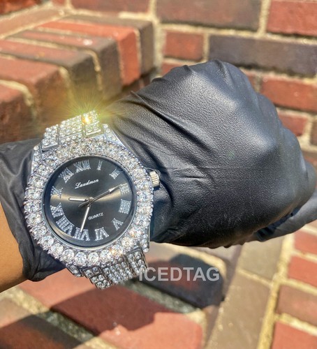 Reloj de pulsera Hip Hop Cubic Zirconia Bling Oro Helado PT Negro Lujo Para Hombre Rapero - Imagen 4 de 7