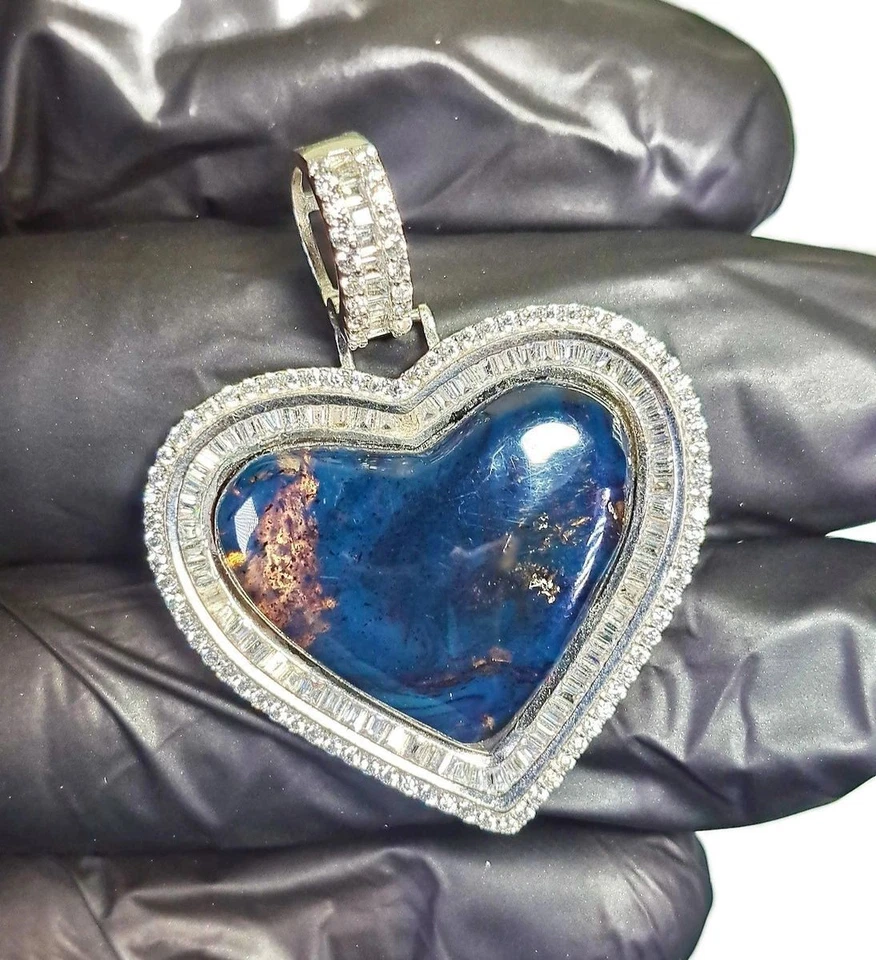 Colgante de plata esterlina corazón dominicano azul ámbar piedra hecho a mano circonita Foto 4 de 4