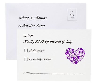Personalisierte RSVP-Karten Hochzeit + Retourenumschläge - jede gewünschte Farbgestaltung
