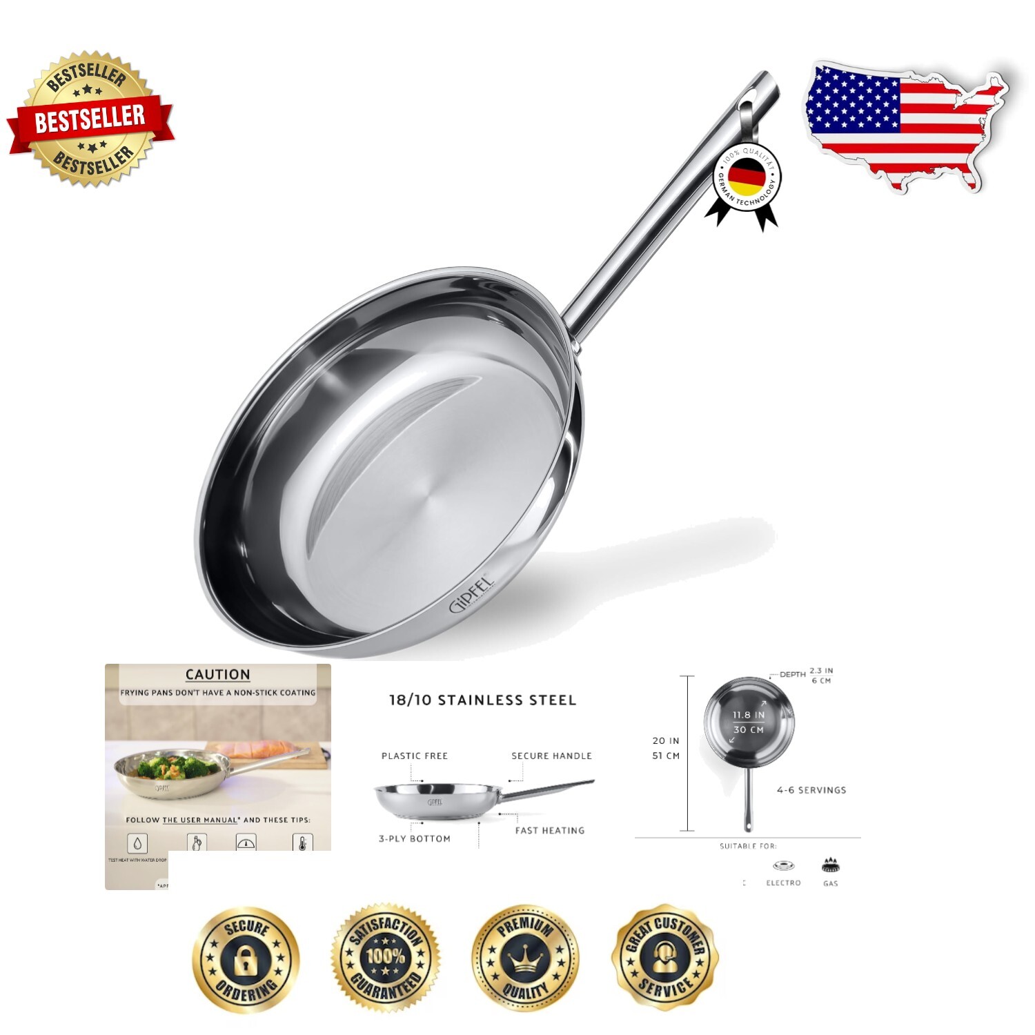 Large 12-Inch Non-Toxic Stainless Steel Skillet - Perfect for Family Meals